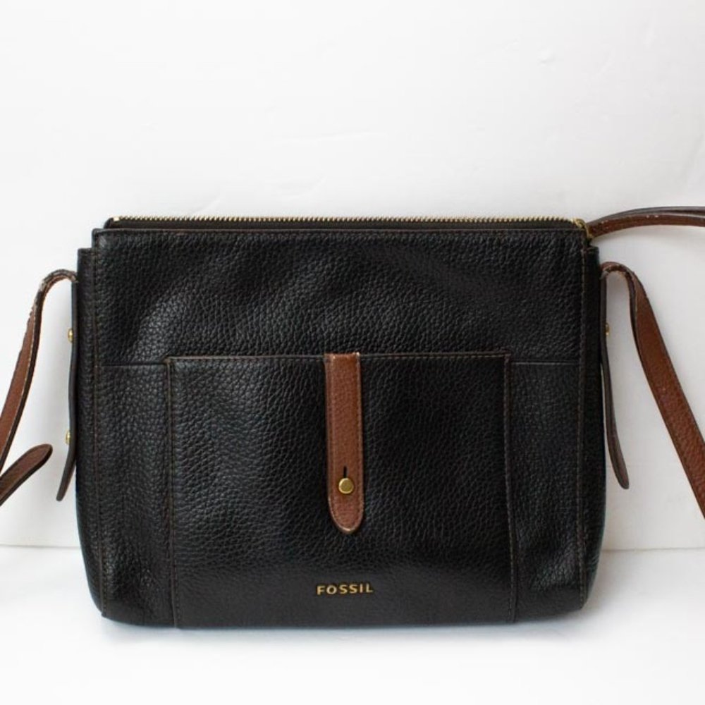 Vintage Rare Fossil Gemna Organizer Black Crossbody Handbag Pebble Leather Purse